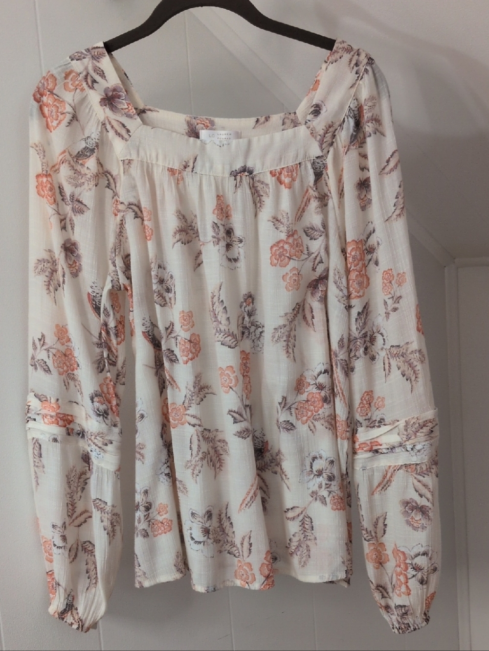 LC Lauren Conrad Cream Peasant Blouse with Pink and Purple Floral Print